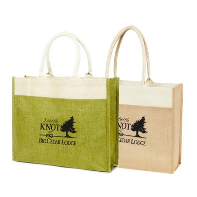 Reusable Sustainable Tote Two-Tone Jute Burlap Shopping Bag with Front Pocket & Cotton Handles-Dyed